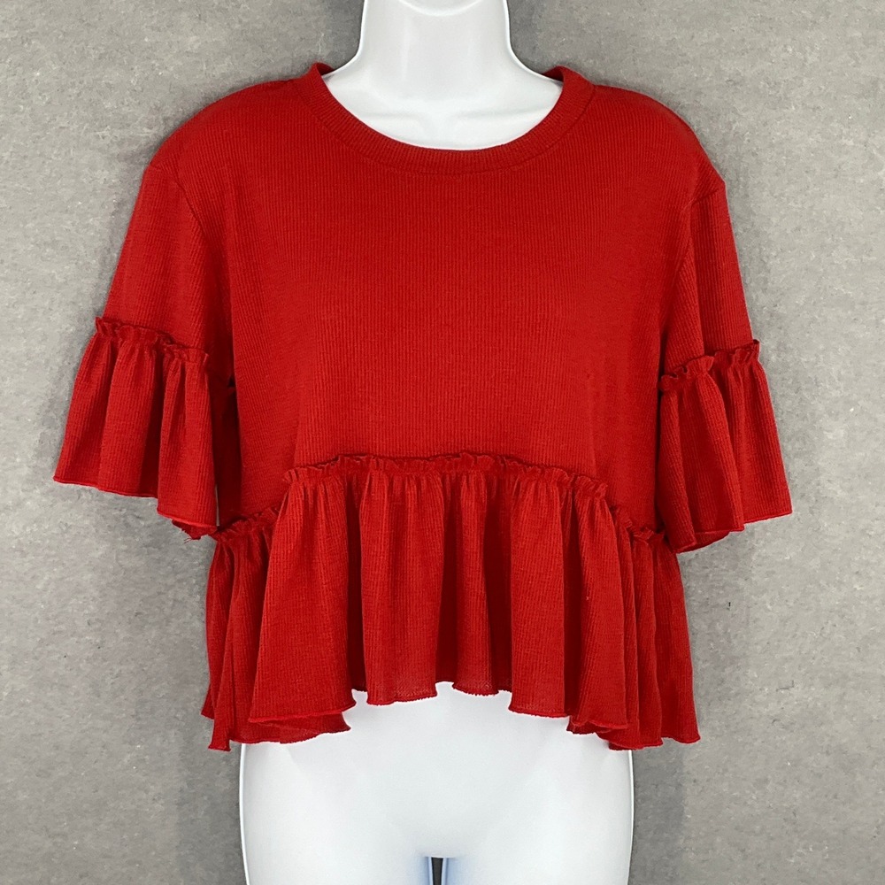 Altard State Red Ruffle Hem Top Womens Sz S Waffle Knit Boho Hippie Festival